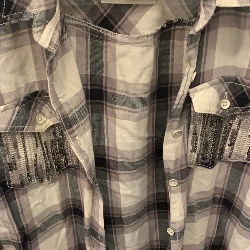 Button Down Flannel Sequin Button Down Plaid Shirt - image 3